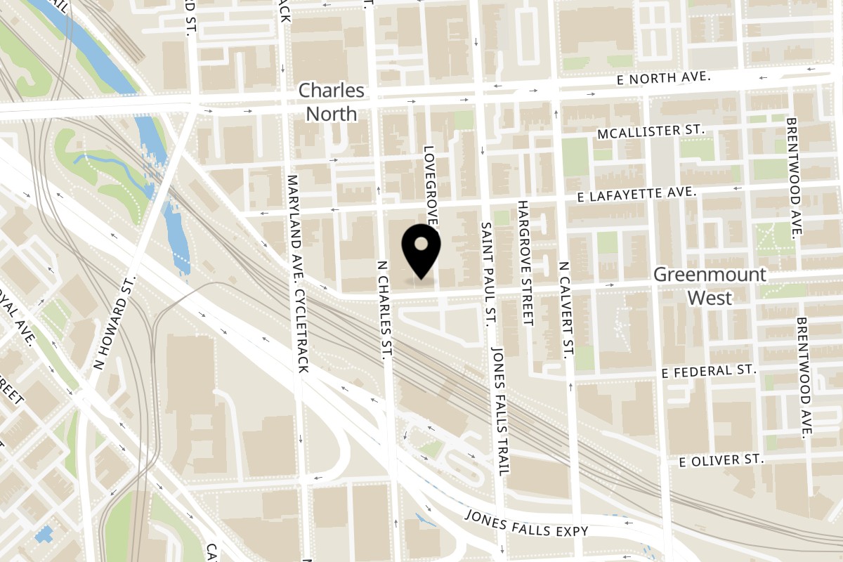 Map showing the location of CANDELA AREPA BAR on 10 E Lanvale St in Baltimore